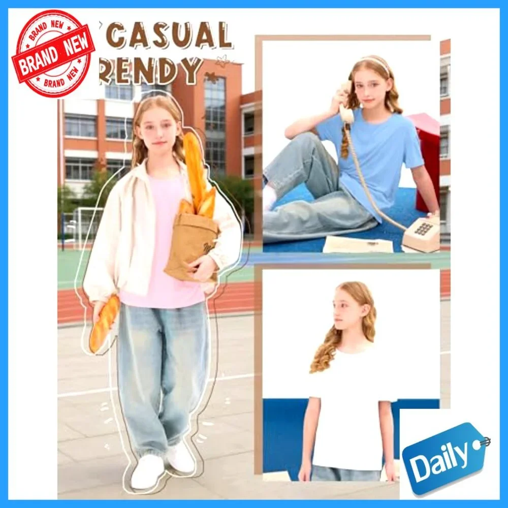 Girls 3 Pack Short Sleeve Tees Loose Fit Crew Neck Rolled Cuff Tops